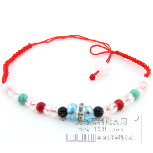 红绳手链 淡蓝 五彩珠子 开运 红手绳子 手工编织