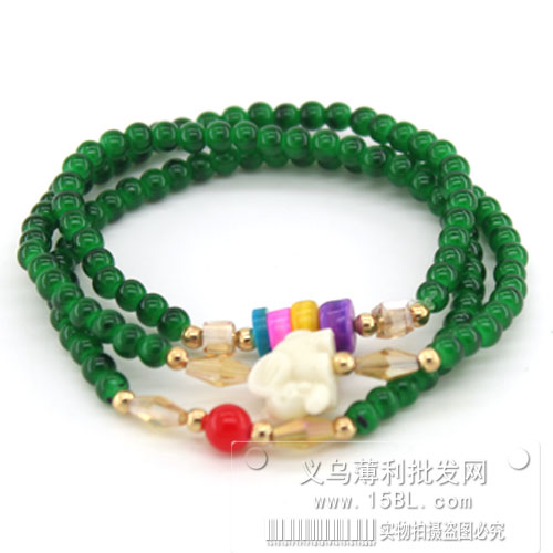 水晶手链 草绿色 双色混搭小珠 小象吊坠 百搭款