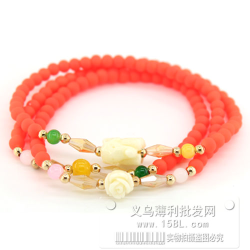 水晶手链 橙色 小象吊坠 双色混搭小珠  玫瑰花朵 百搭款