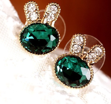 萌兔耳钉 绿水晶兔耳钉 可爱女生兔耳钉