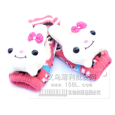 可爱立体兔子露指手套/针线手套/加厚加绒韩版冬季保暖半指手套