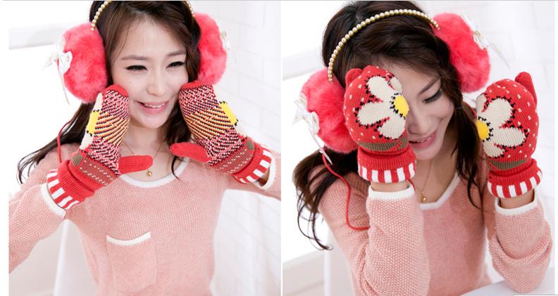 女士可爱手套太阳花/可爱挂脖带绳子连指手套保暖双层加厚连指手套