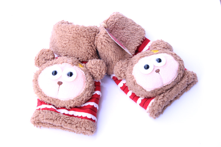 可爱小猴儿童加绒手套/无指手套/卡通小娃娃眼睛护手套