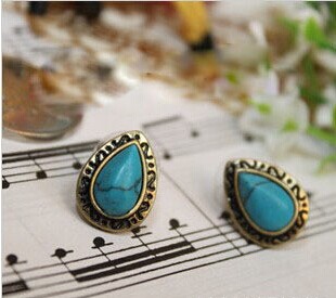 民族风饰品复古经典蓝色松石 水滴雕花 质感耳钉