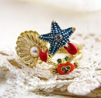 时尚创意海洋之心 珍珠贝壳海星螃蟹戒指 学生指环百搭女