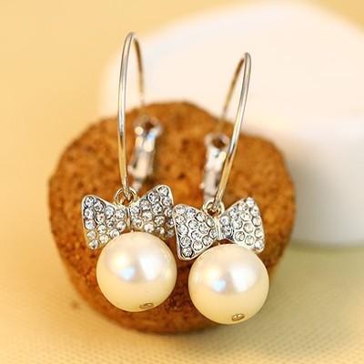 韩版饰品批发 新款优质镶钻大蝴蝶结珍珠圆圈耳环 耳饰 耳钉 女