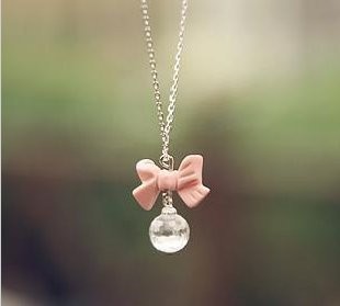 韩版精美饰品水晶粉色蝴蝶结水晶项链