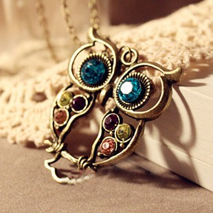 欧美时尚复古三色嵌钻 镂空雕花 可爱 猫头鹰 项链 毛衣链