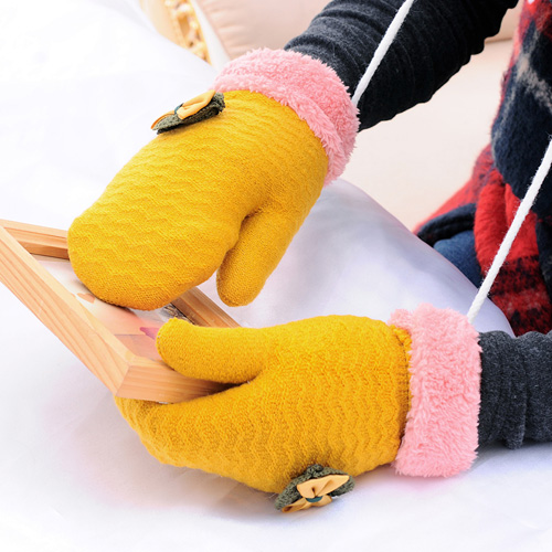 女式可爱毛边蝴蝶结带绳包指针织手套