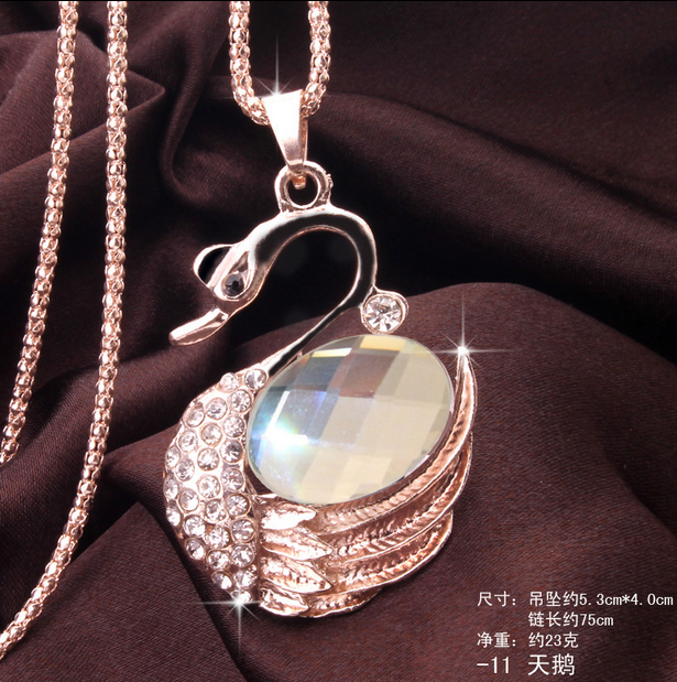 910天鹅毛衣链 韩国可爱百搭猫眼石长款水晶项链 千朵饰品