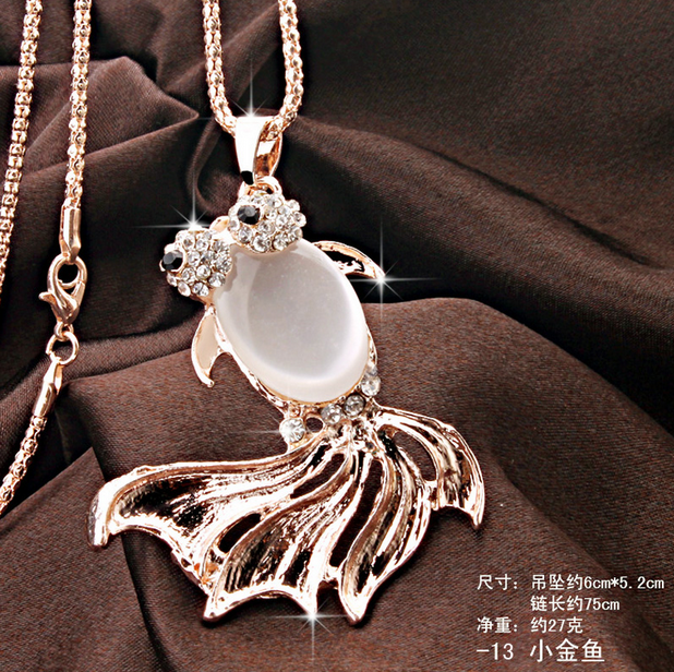 912金鱼毛衣链 韩国可爱百搭猫眼石长款水晶项链 千朵饰品