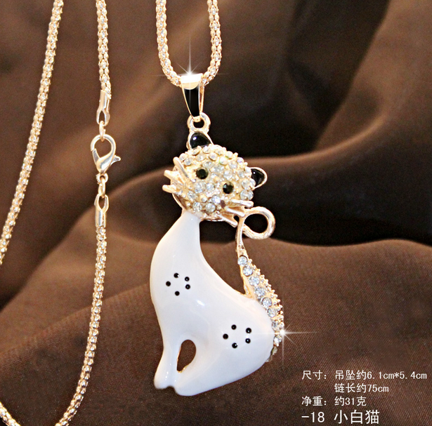 916小白猫毛衣链 韩国可爱百搭猫眼石长款水晶项链 千朵饰品