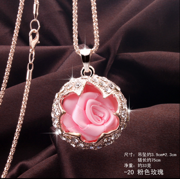 918粉玫瑰毛衣链 韩国可爱百搭猫眼石长款水晶项链 千朵饰品