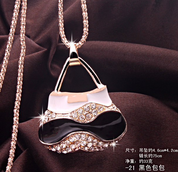 919黑色包包毛衣链 韩国可爱百搭猫眼石长款水晶项链千朵饰品