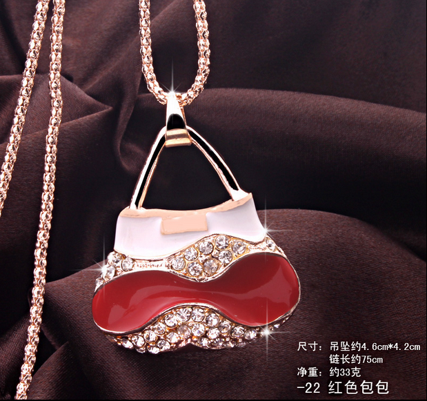 920红色包包毛衣链 韩国可爱百搭猫眼石长款水晶项链千朵饰品