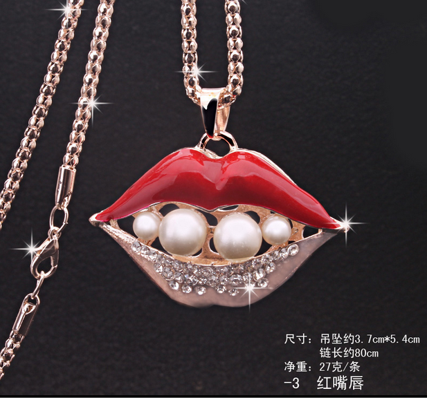 924性感红唇毛衣链 韩国可爱时尚百搭猫眼石长款项链千朵饰品