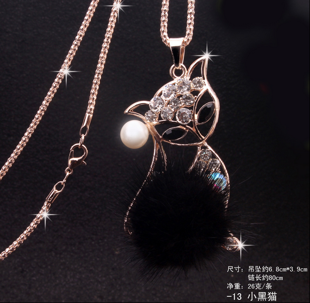 934羽毛黑猫毛衣链 韩国可爱百搭猫眼石长款项链千朵饰品