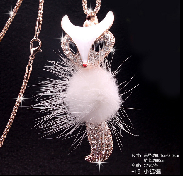 936羽毛狐狸毛衣链 韩国可爱百搭猫眼石长款项链千朵饰品