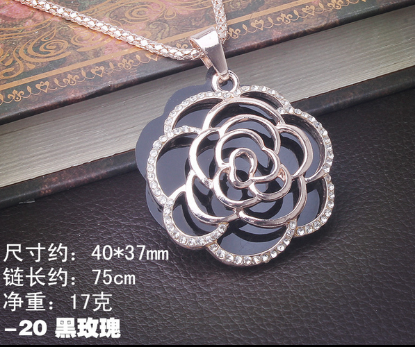 940镂空黑玫瑰毛衣链 韩国可爱百搭猫眼石长款项链千朵饰品