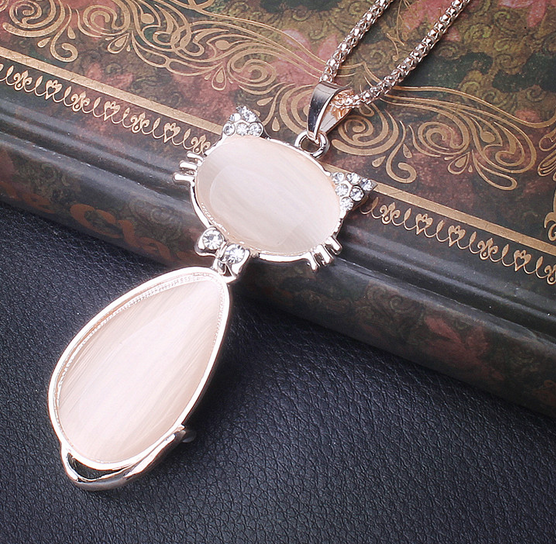 950害羞猫咪毛衣链 韩国可爱百搭长款水晶猫眼石项链千朵饰品