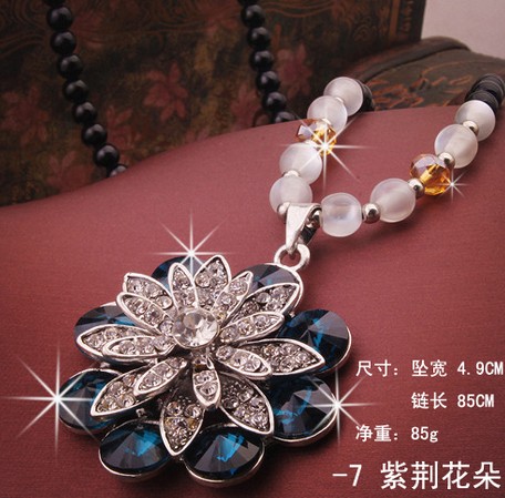 405【黑珠链】紫荆花朵佛珠毛衣链 韩国可爱百搭长款水晶项链