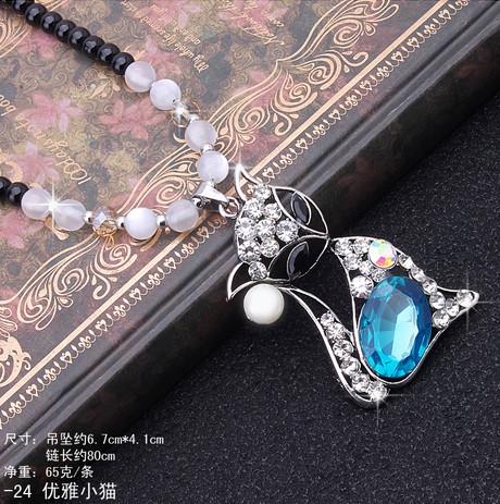 412【黑珠链】优雅小猫佛珠毛衣链 韩国可爱百搭长款水晶项链