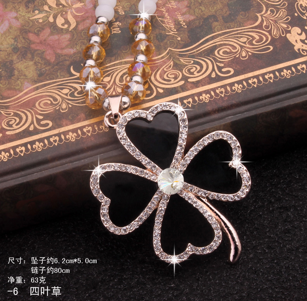 423【白珠链】四叶草佛珠毛衣链 韩国可爱百搭长款水晶项链