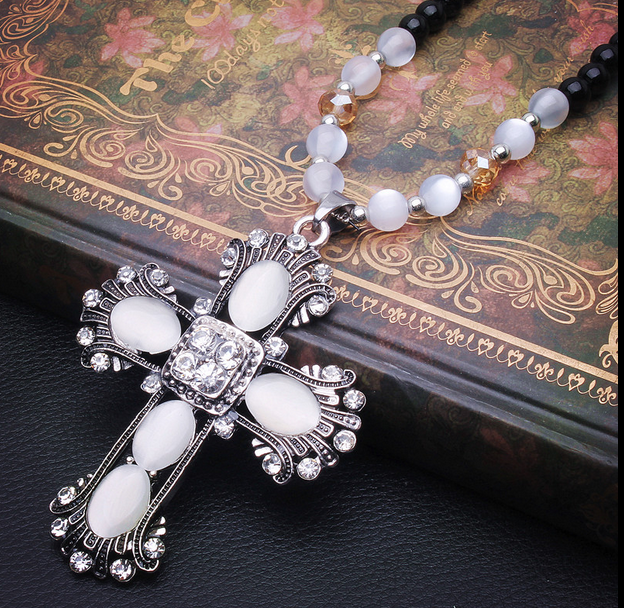 452【黑珠链】水晶十字架佛珠毛衣链 韩国可爱长款项链千朵饰品