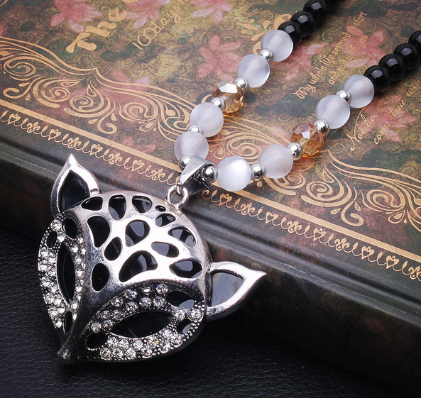 454【黑珠链】水晶狼头佛珠毛衣链 韩国可爱长款水晶项链千朵饰品