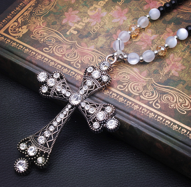 455【黑珠链】精致十字架毛衣链 韩国可爱长款水晶项链千朵饰品