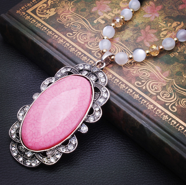 457【黑珠链】粉色魔镜毛衣链 韩国可爱长款水晶项链千朵饰品