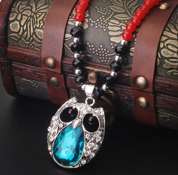 468【红珠链】大嘴猫头鹰佛珠毛衣链 韩国时尚百搭长款项链