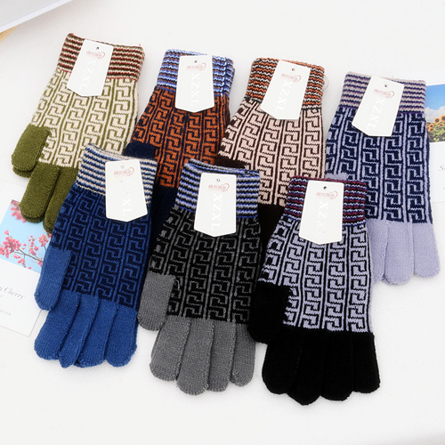 精品男式长款时尚迷宫图案五指针织保暖手套