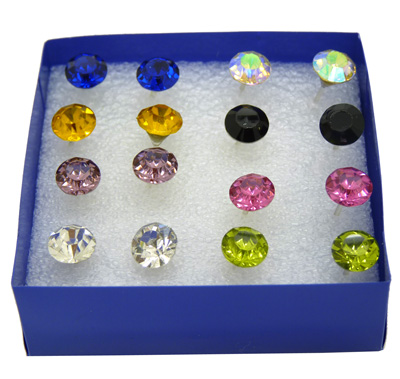 锆石水晶耳钉 时尚盒装炫彩 防过敏 镶钻耳钉 韩国捷克钻耳环 单钻小耳钉女款