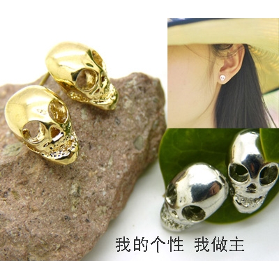 欧美 复古夸张朋克 高档骷髅头金银色中性耳钉-金色	