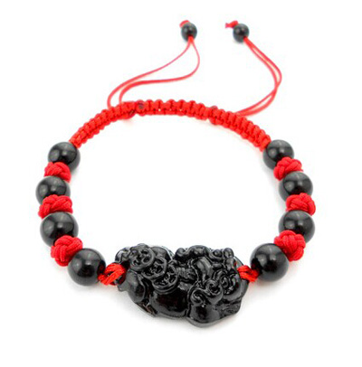 本命年手绳 纯手工编织红绳手链黑曜石 辟邪招财 -黑貔貅手链盒装