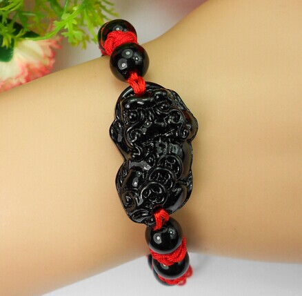 本命年手绳 纯手工编织红绳手链黑曜石 辟邪招财 -黑貔貅手链盒装