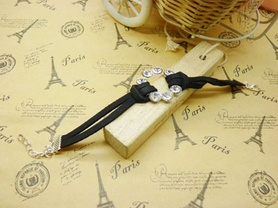 手链女皮绳韩版镶钻手链 个性饰品朋克手饰品 -合金皮绳镶钻手链	