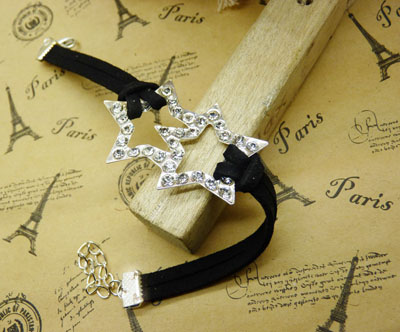 手链女皮绳韩版镶钻手链 个性饰品朋克手饰品 -合金皮绳镶钻手链