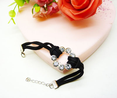 手链女皮绳韩版镶钻手链 个性饰品朋克手饰品 -合金皮绳镶钻手链	