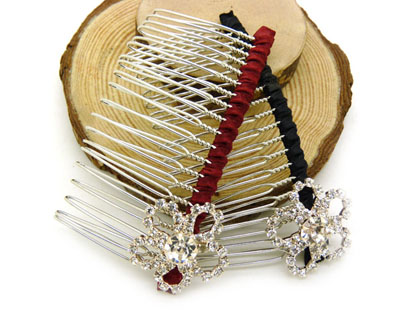 韩版布艺水钻蝴蝶盘发插梳刘海发梳-合金锆石布艺发梳