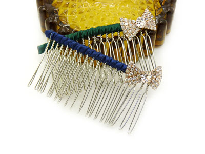 韩版布艺水钻蝴蝶盘发插梳刘海发梳 -合金锆石布艺发梳	