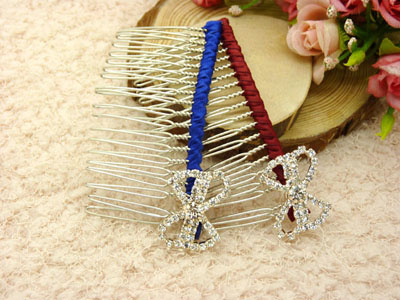 韩版布艺水钻蝴蝶盘发插梳刘海发梳 -合金锆石布艺发梳	