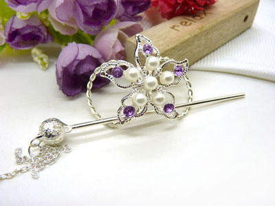 韩国正品 合金保色  复古藏银蝴蝶步摇发簪子-双层插针-24号	