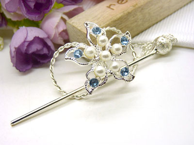 韩国正品 合金保色 复古藏银蝴蝶步摇发簪子-双层插针-24号	