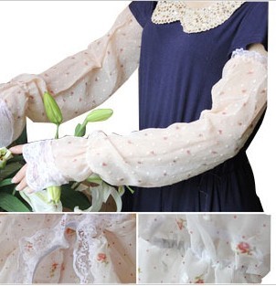 精美冰玉点碎花蕾丝边夏季袖套女雪纺透气防晒防紫外线手套长手套