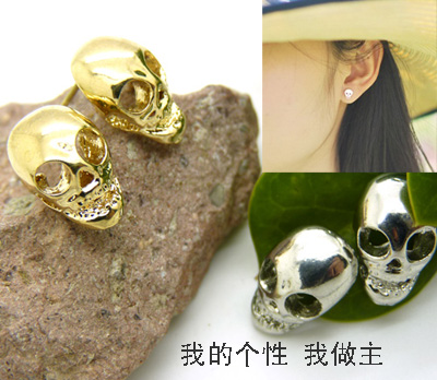欧美 复古夸张朋克 高档骷髅头金银色中性耳钉-金色	