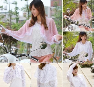 小清新骑车防紫外线防晒披肩雪纺蕾丝防晒衫短外套空调衫披肩沙滩衫	