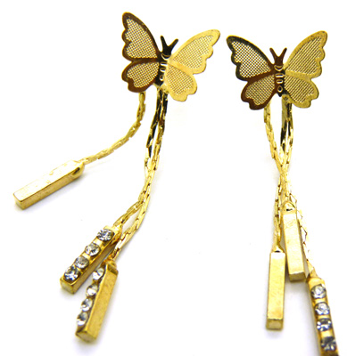 仿真蝴蝶金色长款流苏时尚耳环气质夸张合金属夜店高档耳钉 耳坠	