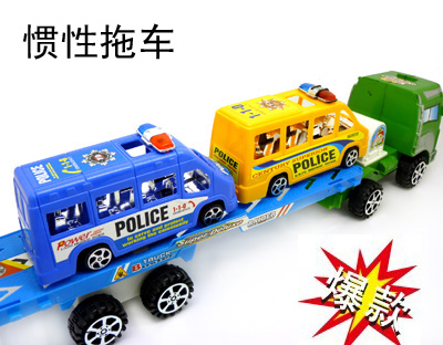 大卡车惯性运输车 拖车 精美套装 卡车儿童玩具 配两辆110警车-6123惯性拖车